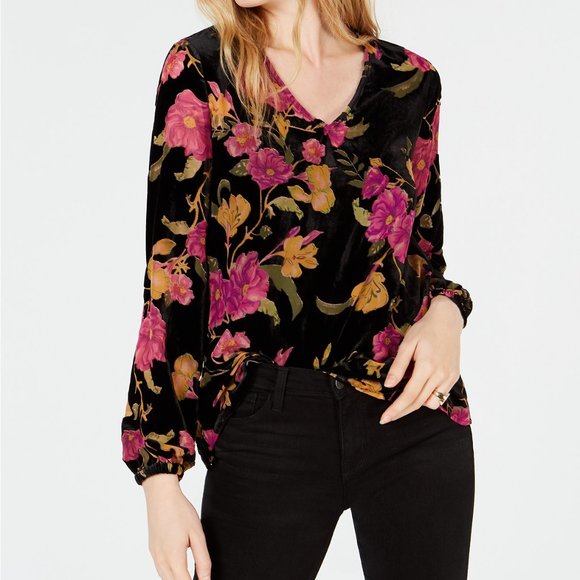 Bar III Floral-Print Velvet Blouse - Picture 2 of 3
